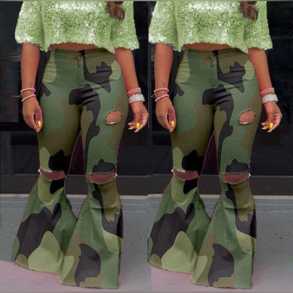 Denim - High-Waist Camo Flare Pants with Distressed Knees - Olive Green